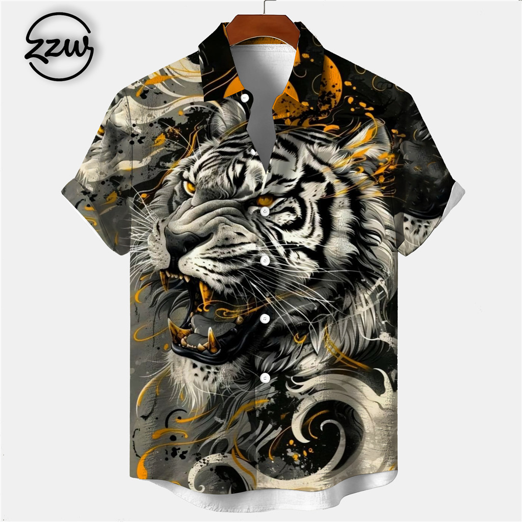 เสื้อเชิ้ตแขนสั้นผู้ชาย พิมพ์ลายเสือขาวและมังกร ดีไซน์แฟชันหน้าร้อน - รูปที่ 3