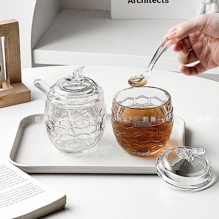 Yunqi Ins Little Bee Seasoning Jar ขวดแก้วโปร่งใส Lidded Jam Storage Jar หม้อน้ําผึ้ง Creative Stora