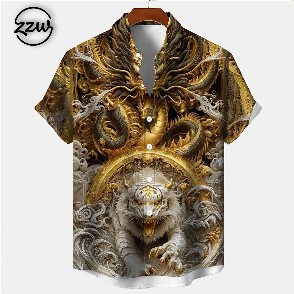 เสื้อเชิ้ตแขนสั้นผู้ชาย พิมพ์ลายเสือขาวและมังกร ดีไซน์แฟชันหน้าร้อน - รูปที่ 2