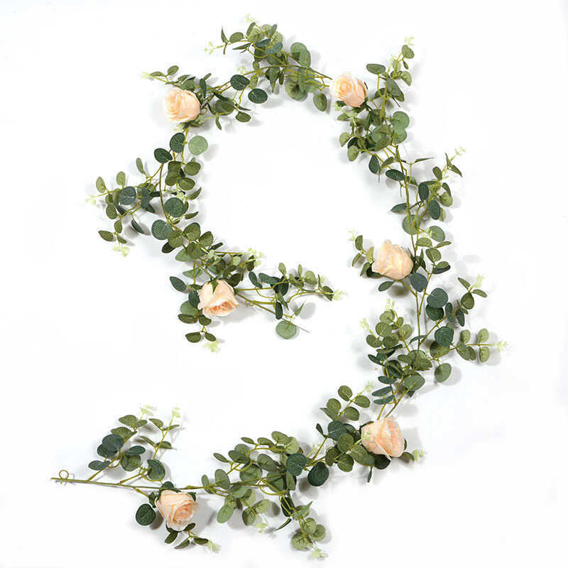 1.95m Vines ดอกไม้จําลอง Rose Vines ใบ Vines ยูคาลิปตัสใบเงินตกแต่งแขวนตกแต่ง Vines