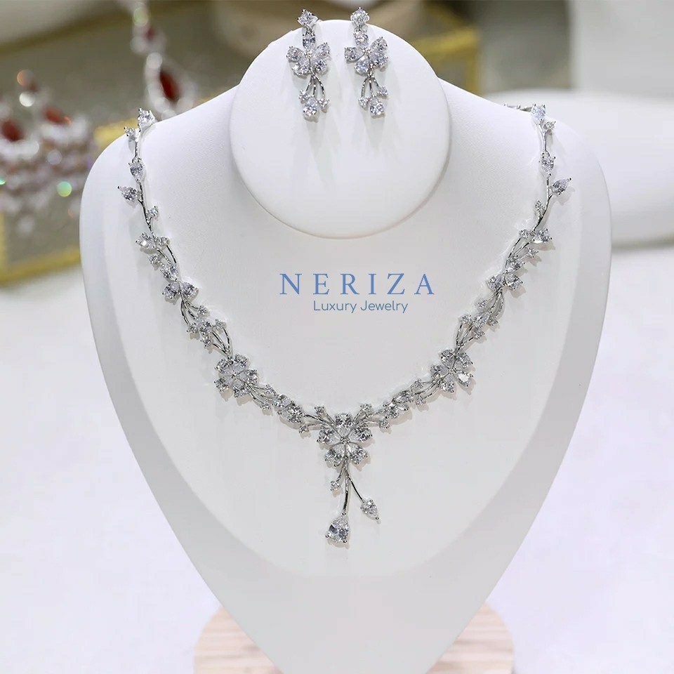 Neriza Jewelry/เครื่องประดับเจ้าสาวเพชรสังเคราะห์สร้อยคอ ต่างหูจัดส่งพร้อมกล่อง รหัสNSW015