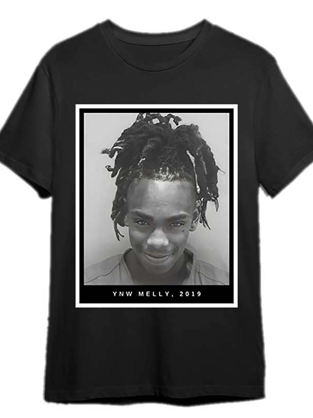 YNW Melly 2019 Mugshot เสื้อยืดกราฟิกสําหรับชาย-แขนสั้นผ้าฝ้ายสีดําลูกเรือคอ Tee พิมพ์สีขาวหนา,น้ําห