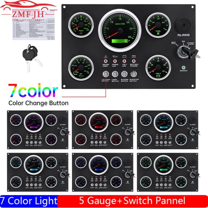 5 Gauge Set with Switch Panel 85MM Tachometer+Oil Pressure Gauge+Fuel Level Meter+Voltmeter+Water T