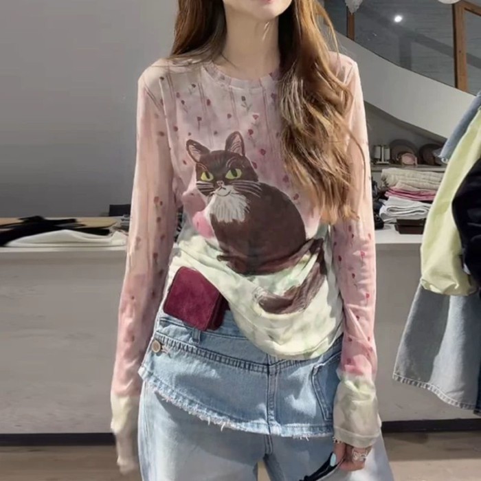 ลูกแมวดอกไม้ผ้ากอซแขนยาวเสื้อยืดผู้หญิงฤดูร้อนสไตล์ใหม่ครีมกันแดดเสื้อผ้าเสื้อ