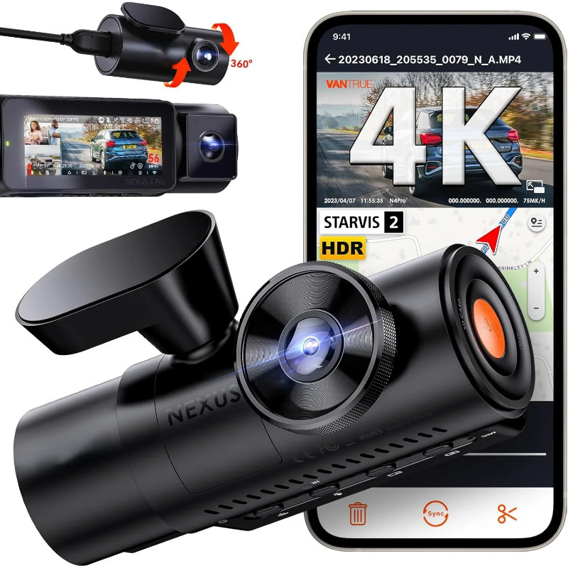 Tools.Vantrue N4 Pro 3 Channel 4K WiFi Dash Cam, STARVIS 2 IMX678 Night Vision, 4K+1080P+1080P Fron