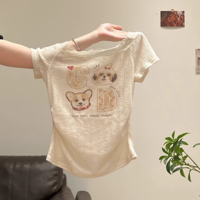 เสื้อยืดผู้หญิงทรงกระชับเทรนด์ใหม่ พิมพ์ลายแอปริคอทสุนัข รูปที่ 3