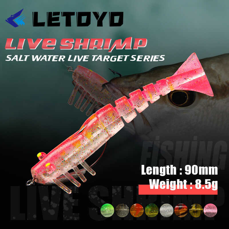 LETOYO Lure กุ้งล่อปลา.Multi-part ตัวกุ้งตะกั่วและไม้ไผ่, แสงสว่าง, ขนาด 90 มม.