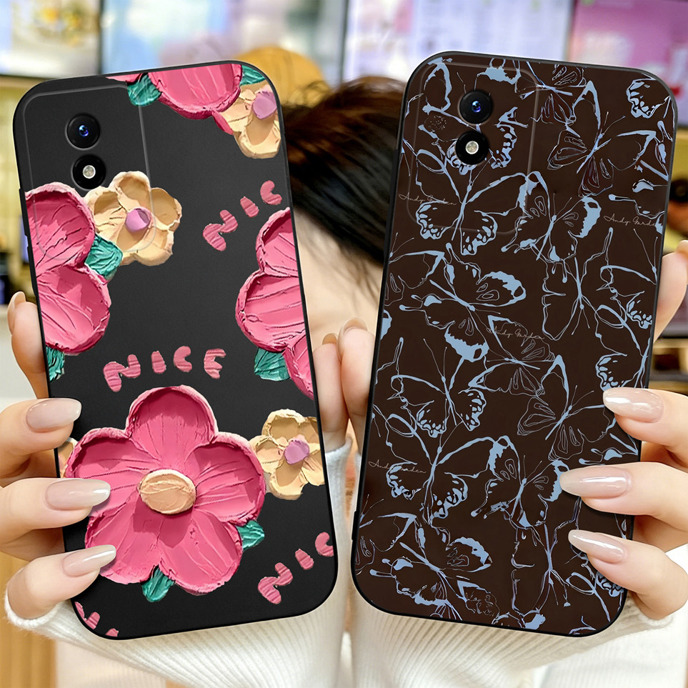 สําหรับ Vivo Y02 Y02A Y02t Y02s Y16 สําหรับสวยผีเสื้อดอกไม้สีดําด้านป้องกันกระเป๋าโทรศัพท์สําหรับ Vi
