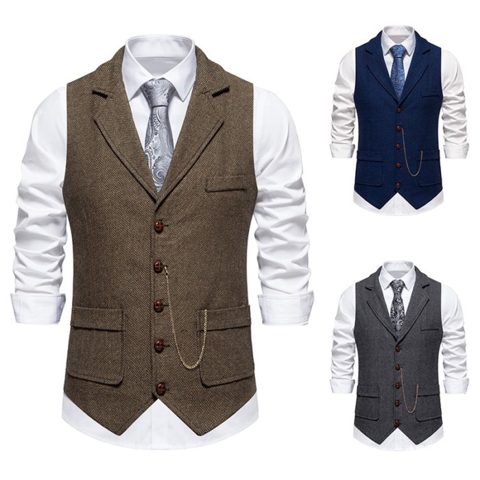 2025 European Size Mens Tweed Suit Collar Vest Retro Chain ตกแต่ง Herringbone Vest Vest Vest Vest