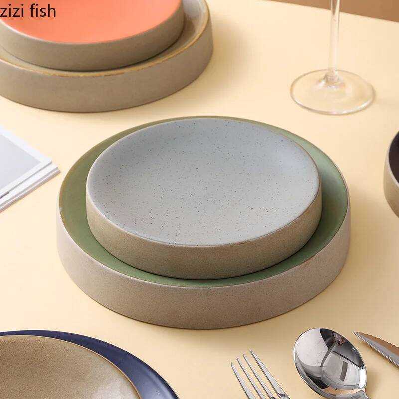 C Vintage Round Ceramic Plate Creative Dessert Dim Sum Plate Pastry Plate Steak Plates Sushi Plates