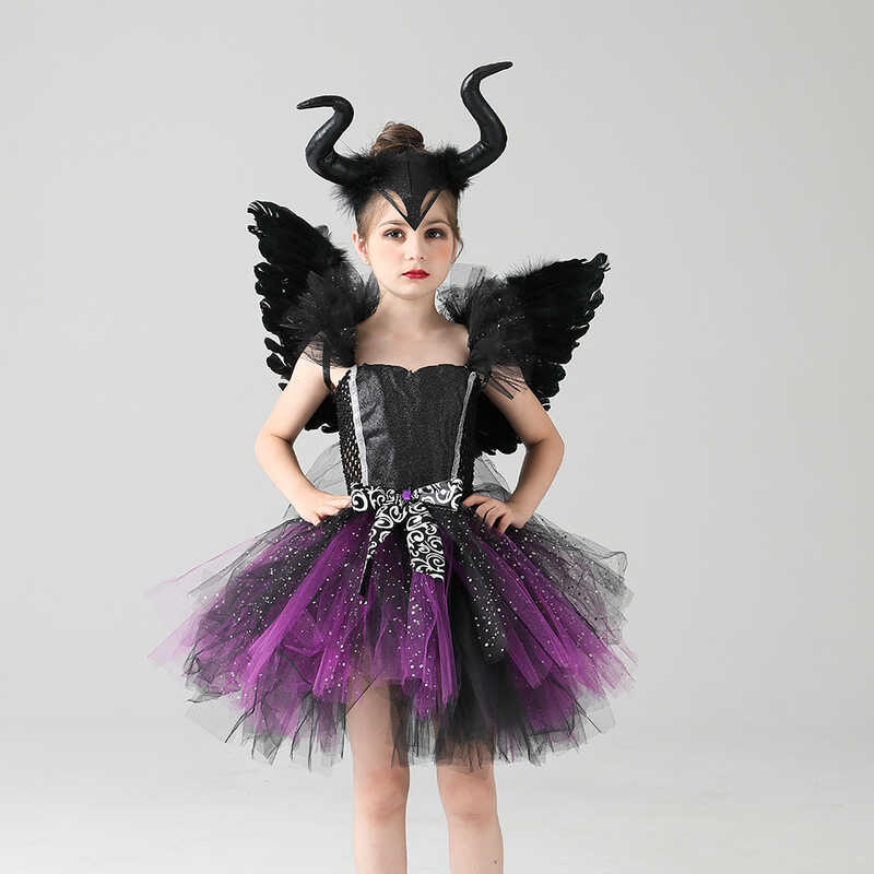 C Halloween Party Witch Dress Maleficent Cosplay Mesh Puffy Skirt With Hairband Wings