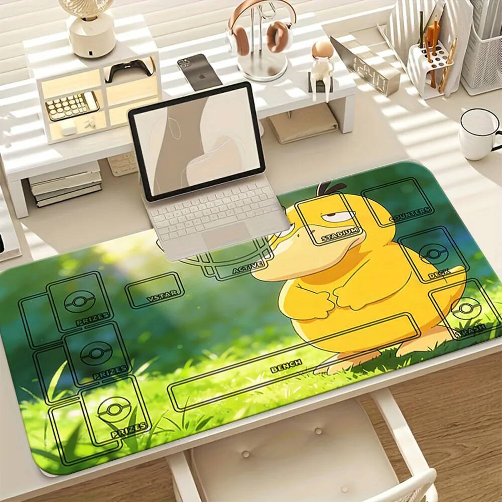 Pokemon Psyduck Grumpy TCG Playmat แผ่นรองเมาส์สําหรับเล่นเกมขนาดใหญ่พร้อมโซนการ์ดแผ่นรองโต๊ะ