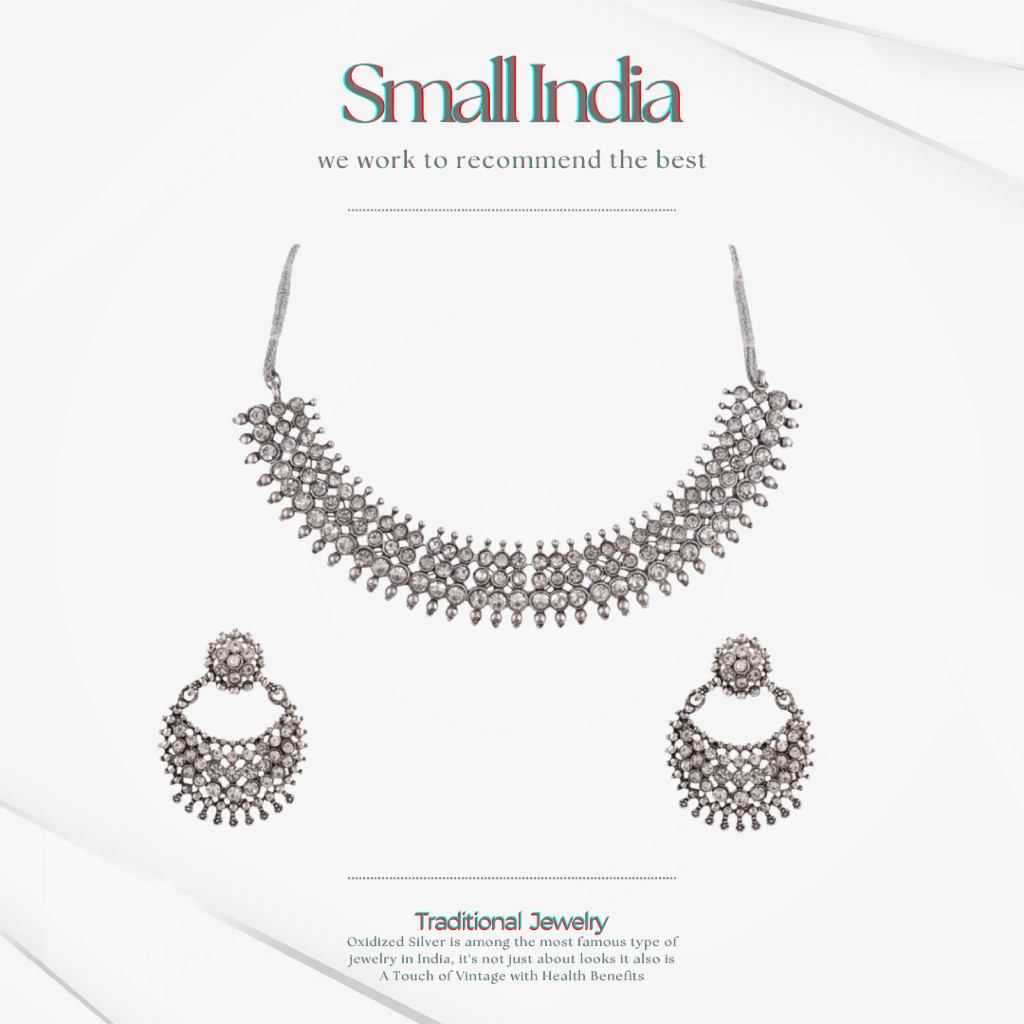 {**ส่งฟรี**} SMALL INDIA  Women Oxidized Silver-Toned Necklace Set เซ็ทสร้อยคอพร้อมต่างหู  Women Ne