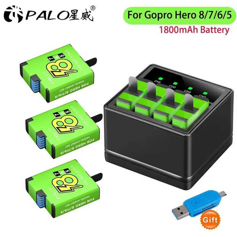 C PALO For Gopro 8 Batteries 1800Mah Replacement Battery + 4 Slots LED Type-C Charger For Gopro Her