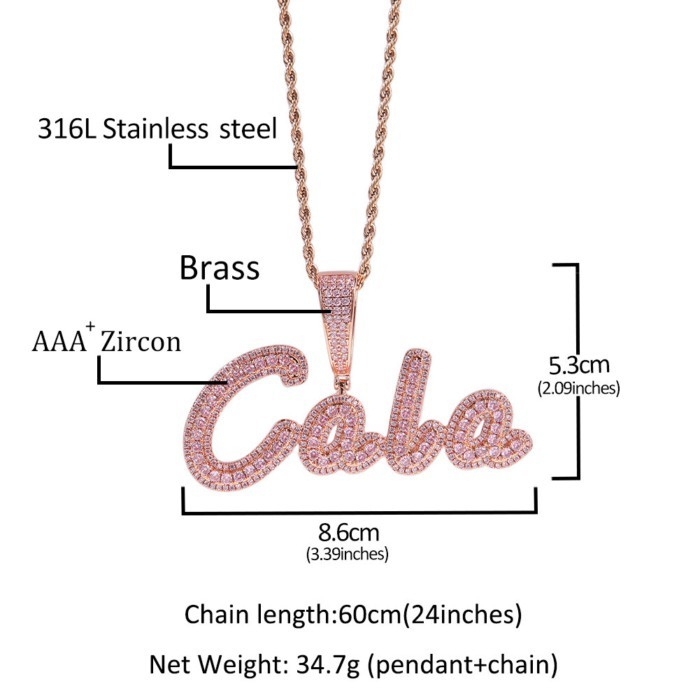 KING THE BG Custom Brush Script Letter Two Tone Pendant Micro Paved CZ Personalized Name Plate Neck