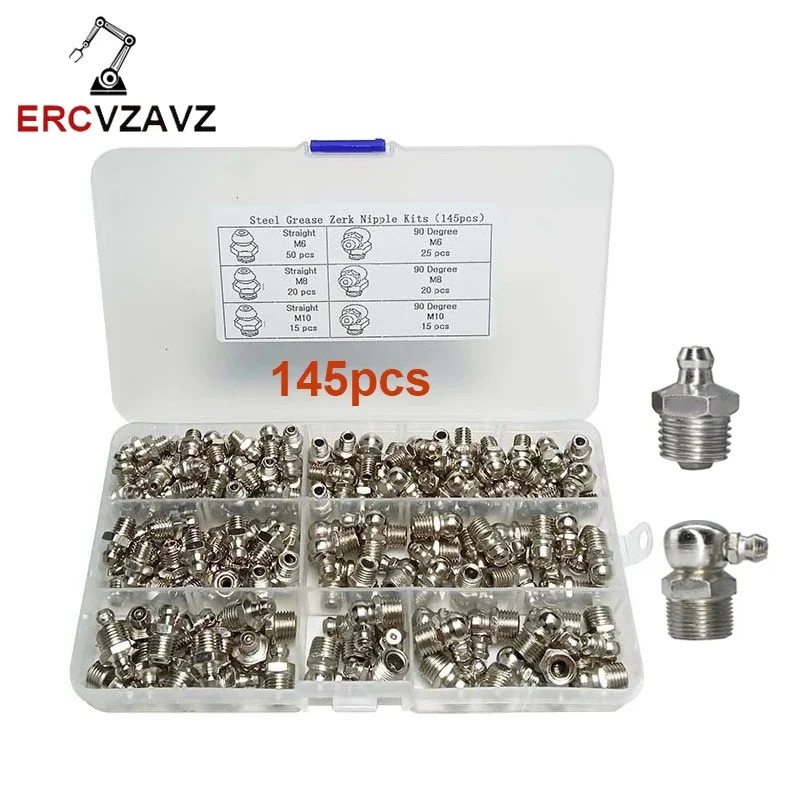 145pcs M6 M8 M10 Straight and 90 Degree Steel Zerk Fitting Grease Nipple Fittings Assortment Kit fo