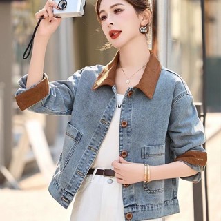 แจ็คเก็ตยีนส์สั้นผู้หญิง สไตล์เรโทร ลายเย็บตัดต่อสีตัดกัน ดี…