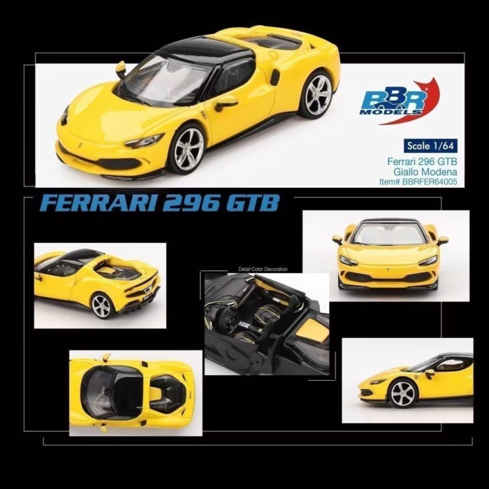 BBR 1: 64 Ferrari 296 GTB โมเดลรถโลหะผสมสีเหลือง