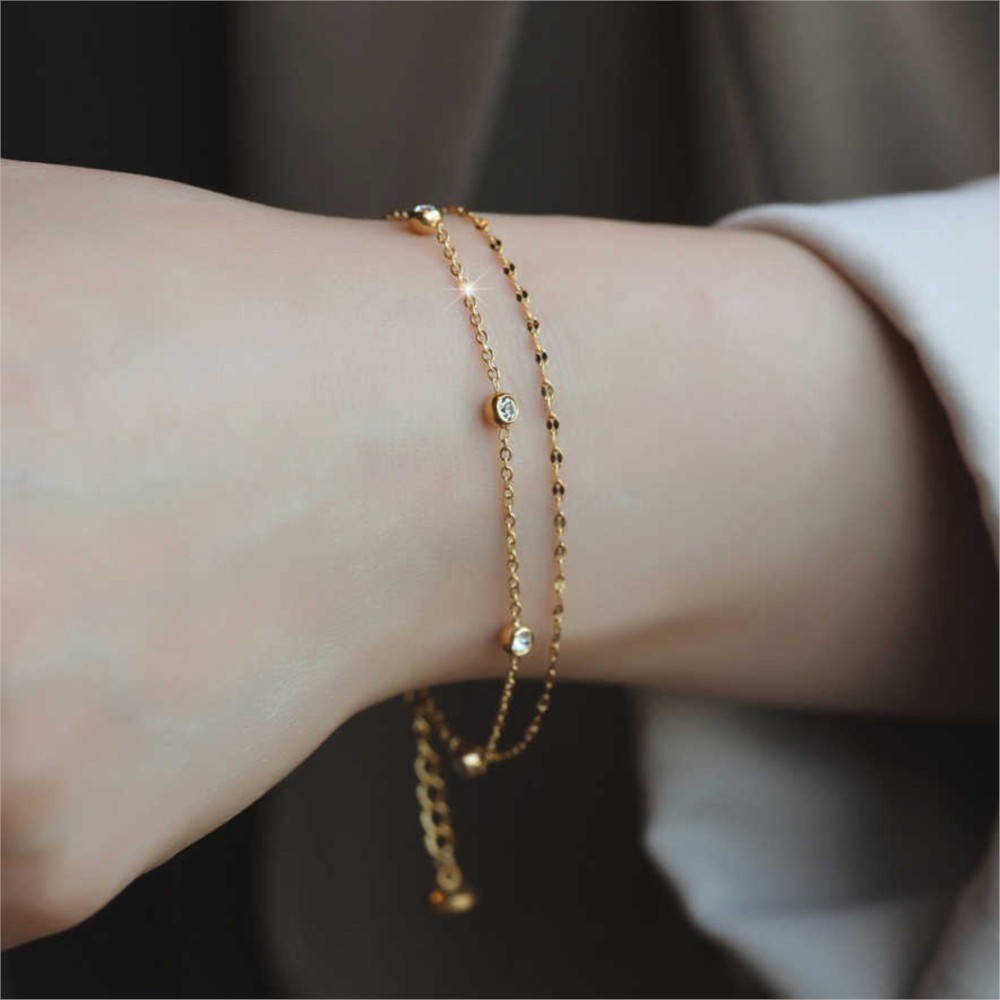 สร้อยข้อมือ CZ สีทองแบบกุ้งก้ามกราม สำหรับผู้หญิง พร้อมสายสองชั้น เป็นเครื่องประดับแฟชั่น