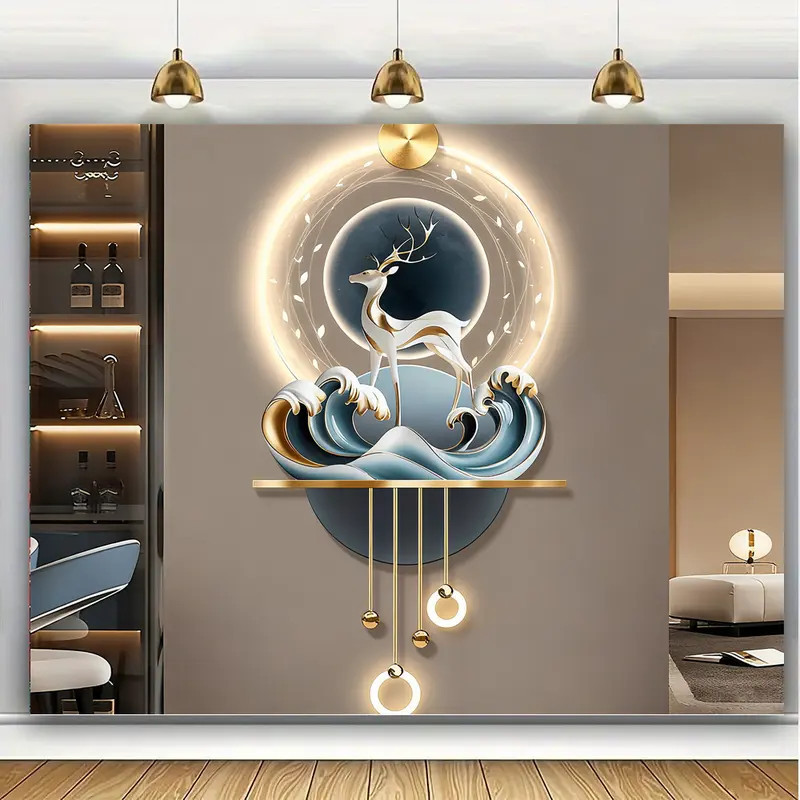 FreeCustomLuxury LED Deer Wall Art,โมเดิร์น Fortune Deer Ocean Waveภาพจิตรกรรมฝาผนัง,มงคลEntryway Decor,ความงามตกแต่งบ้านสําหรับห้องนั่งเล่น,พรีเมี่ยมพิธีขึ้นบ้านใหม่ของขวัญ