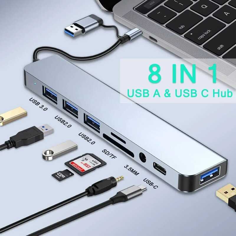 C USB HUB 8 In 1 With Sd/Tf Card Reader 3.5Mm Aux Ports For Macbook Pro Air PC Laptop Tablet