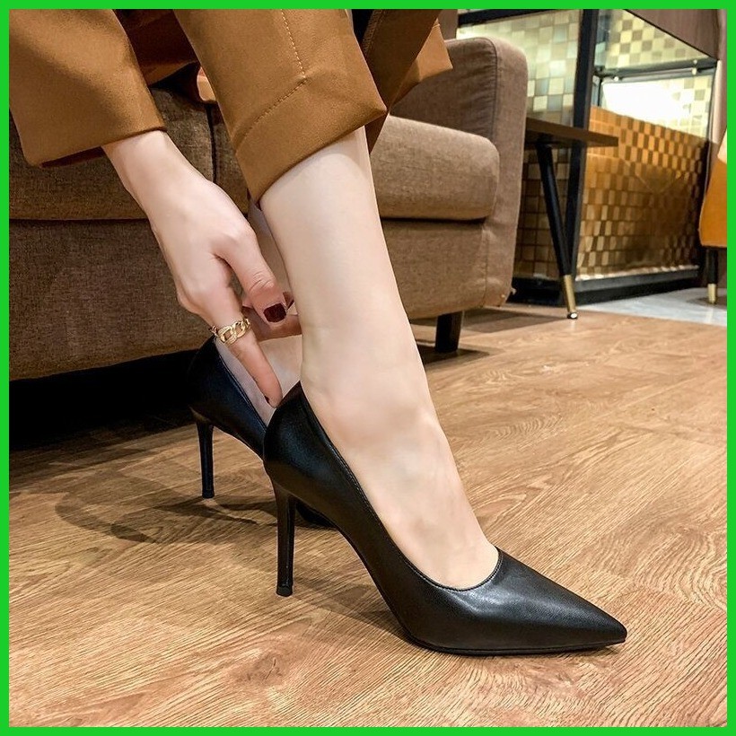 32-41 รองเท้าส้นสูงสีดำ กริช ปลายแหลม พื้นนุ่ม เซ็กซี่ รองเท้าส้นสูงผู้หญิง ไซส์ใหญ่