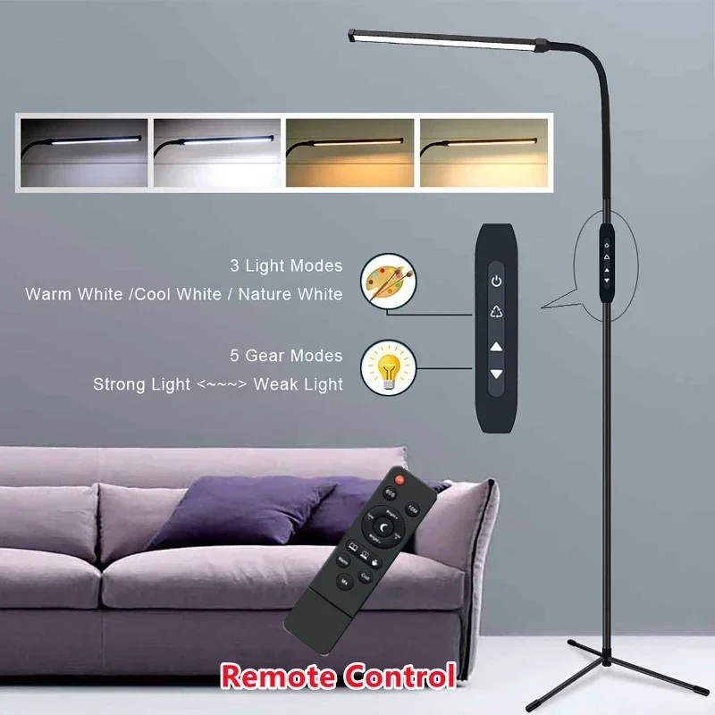 Remote Control LED Floor Lamp 360° Rotating Flexible Light Pole LED Floor Lamp 3 Light Modes 5 Brig