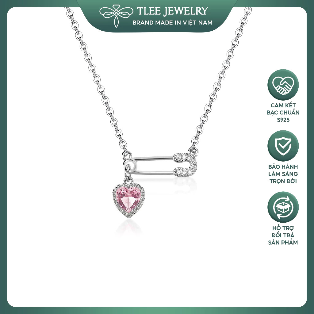 [Peinn]Safety Pin สร้อยคอเงินผู้หญิงพร้อมหัวเข็มขัดหมุดรูปหัวใจและหินสีชมพู D0409