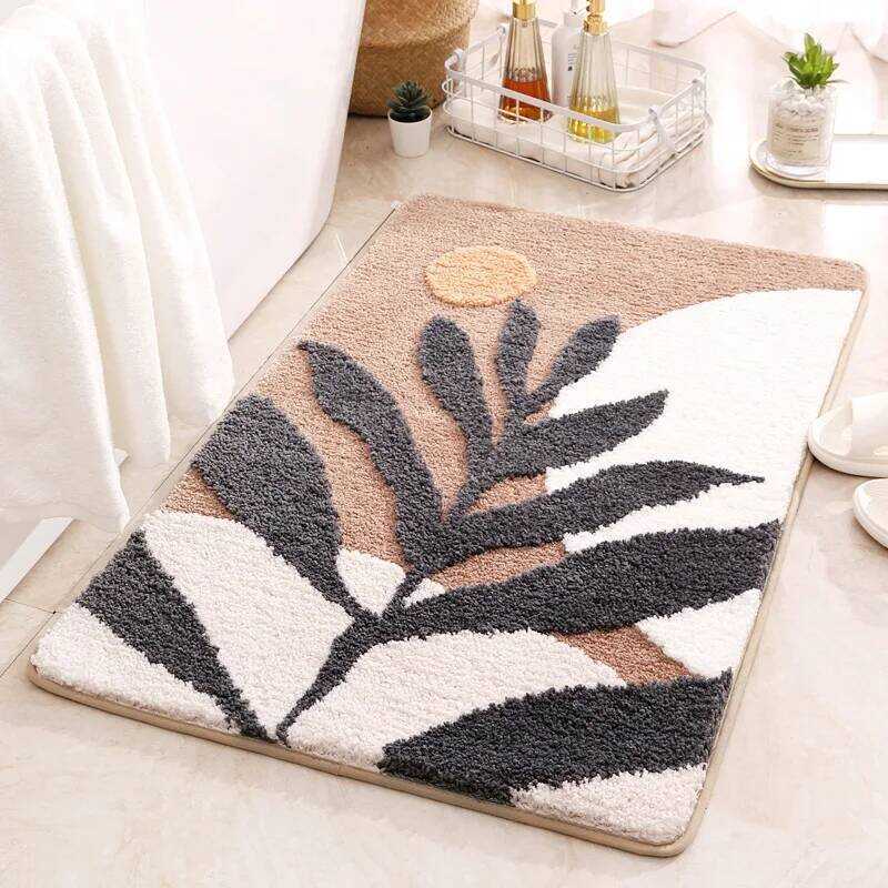 C C Non-Slip Bath Mat Rug Boho Plant Art Boho Abstract Leaves Bathroom Rug Absorbent Bathroom Rugs