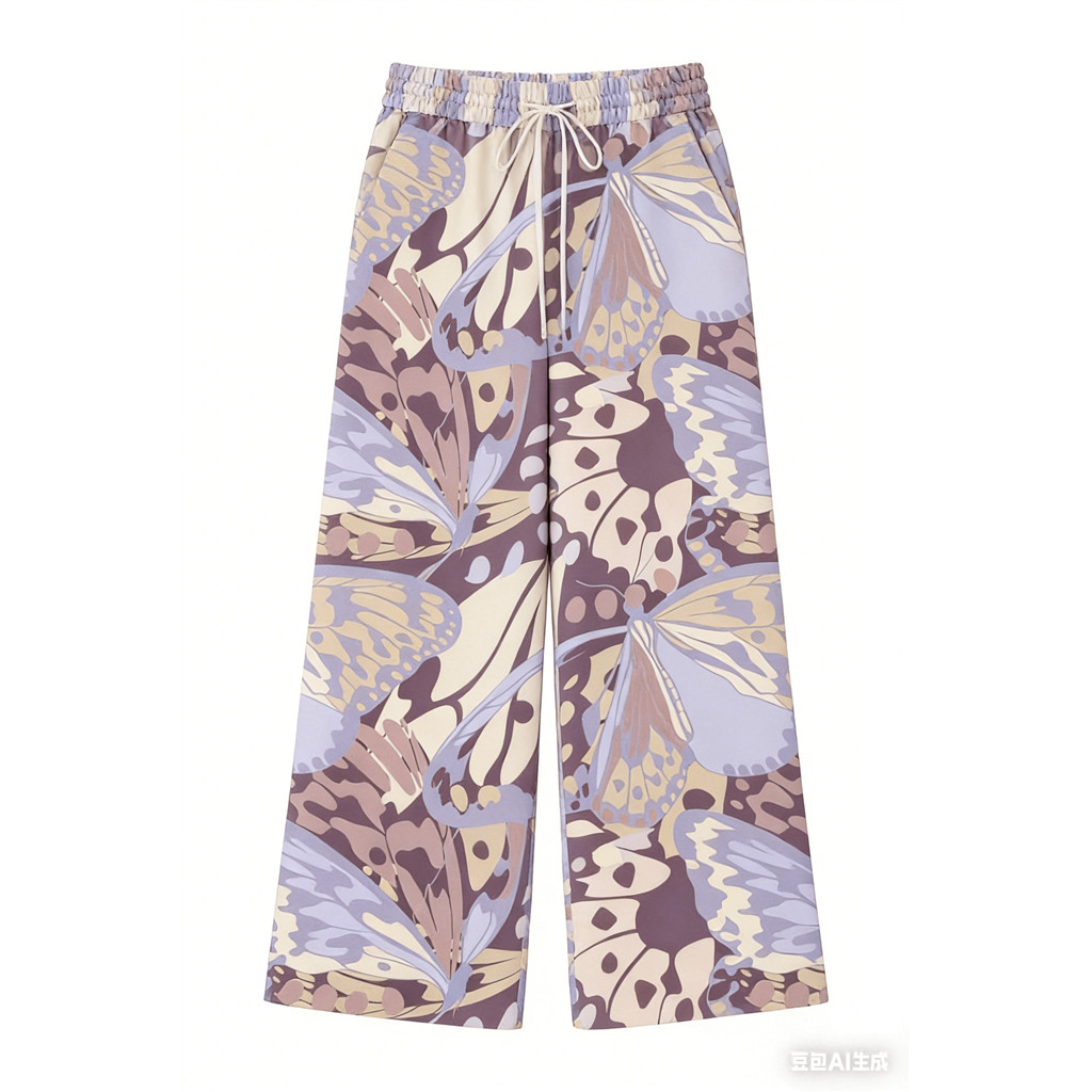 Muted Tone ผีเสื้อพิมพ์เอวยางยืดกางเกงขากว้างสบายๆกางเกง Boho
