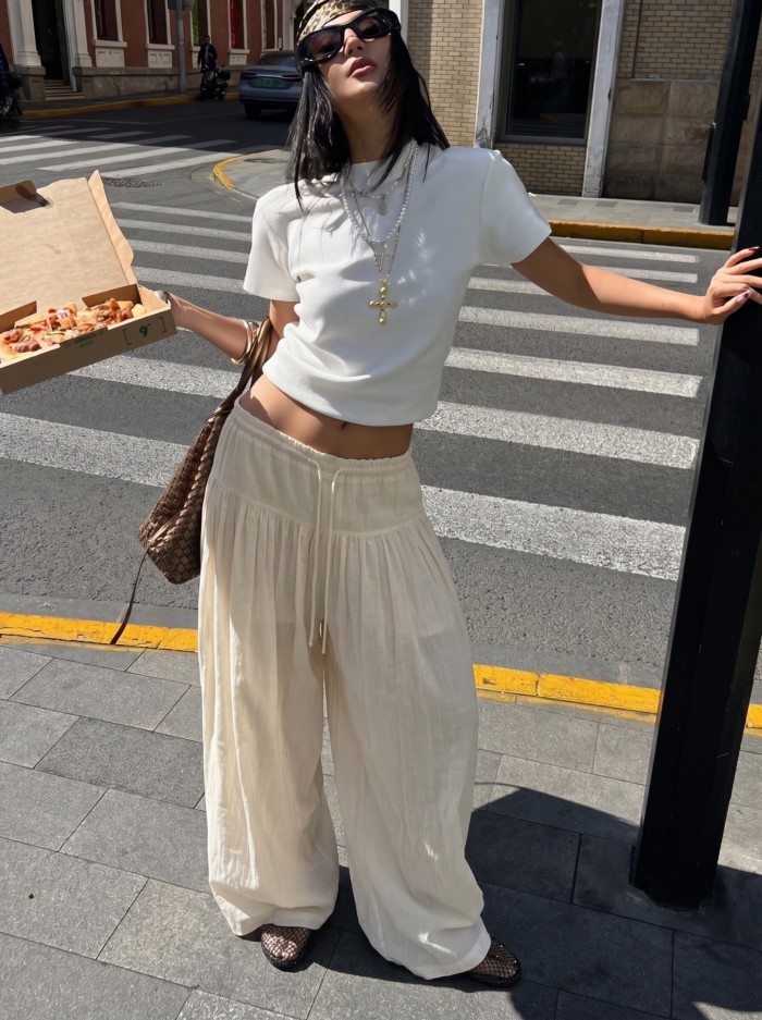 Shanmieleng ฤดูร้อนบาง Culottes ลําลองหลวมผ้าม่านกางเกงขากว้าง