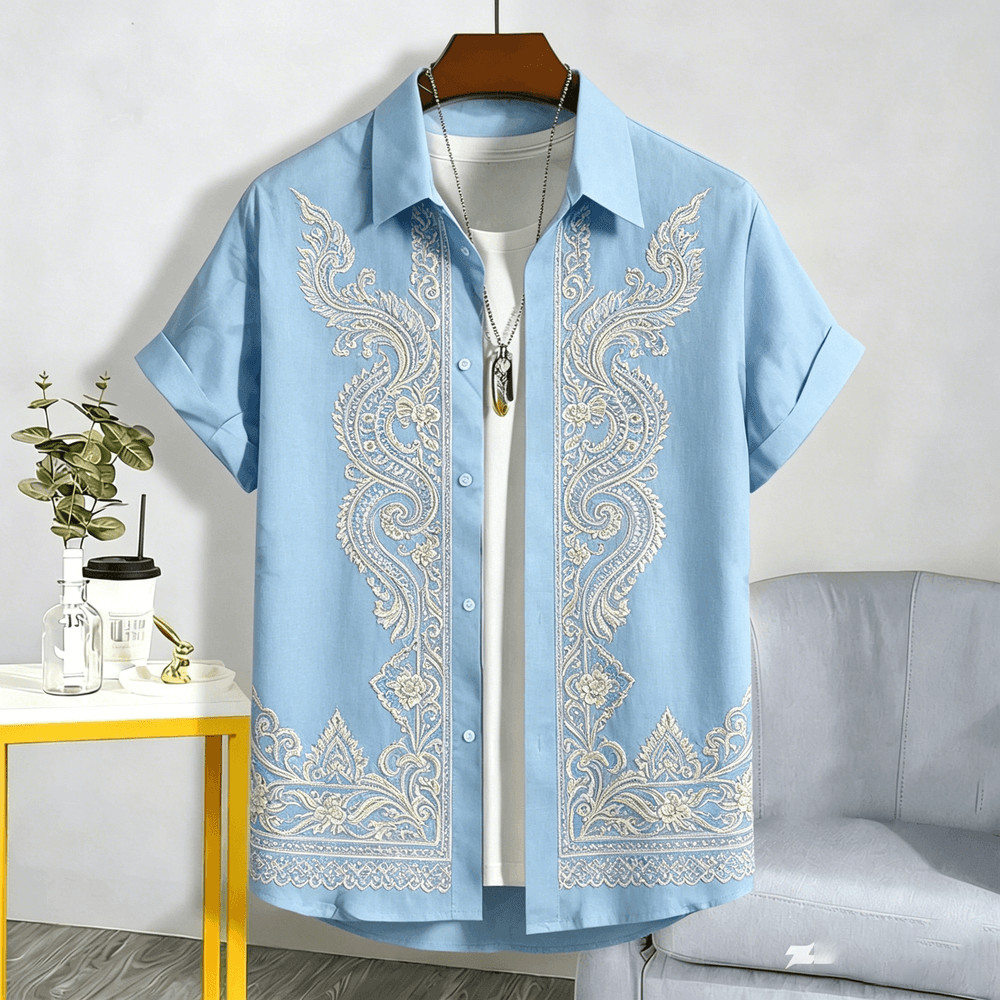 เสื้อเชิ้ตฮาวายแขนสั้นผู้ชาย ลายพิมพ์เขตร้อน ใส่สบาย เหมาะสําหรับชายหาดและวันหยุดฤดูร้อน Top A97