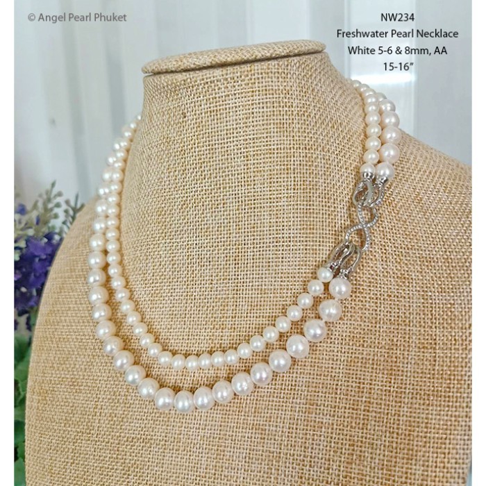 [NW234] สร้อยคอไข่มุกแท้สีขาวสองสายสุดหรู 5-6m & 8mm, AA