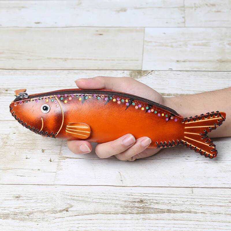 C Head Layer Cowhide Creative Pencil Case Salted Fish Flip Storage Personalized Fish Zero Wallet St