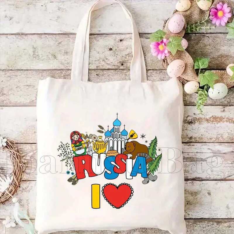 C Cute Matryoshka Russian Doll Bear Gifts Canvas Tote , Fashion Moscow Russia Flag Shoulder Handbag