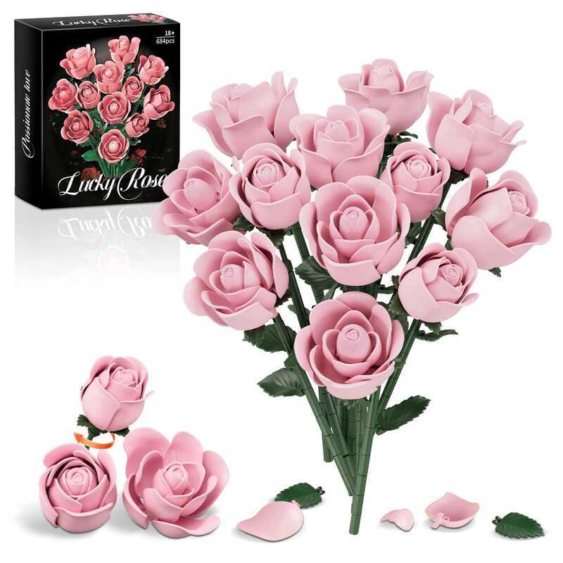 C 684Pcs Pink Rose Wer Building Bloc Set Romantic Plant Desk Decoration Adult Toy Bric Gift For Gir