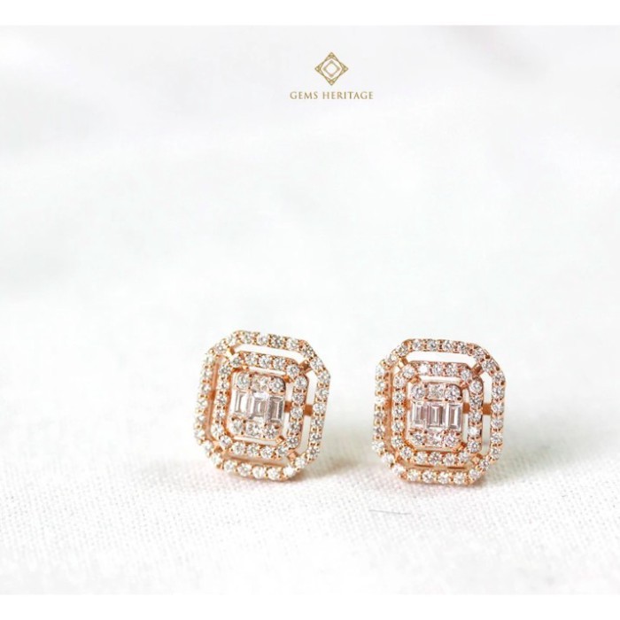 Gems Heritage ต่างหูเพชรประกบ ทรง Emerald มีเพชรล้อม 2 ชั้น(ERPG097) เพชรแท้น้ำ 98 VVS2-VS1 เรือน 1