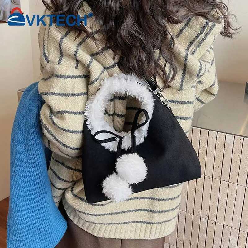 C Women Faux Suede Fuzzy Shoulder With Adjustable Strap One Shoulder Armpit Sweet Cute Bow Pom Pom