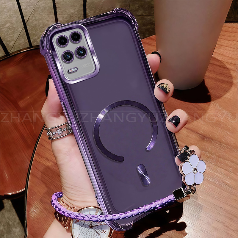 เคสสําหรับRealme 8 8s 5Gเคสโทรศัพท์ใหม่แม่เหล็กที่แข็งแกร่งไร้สายชาร์จC-แหวนสี่มุมกันกระแทกปลอกเชือก
