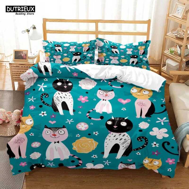 C Cute Cat Print Quilt Cover Pillow Cover Bedding Set Ury Queen Bedding Set Cute Style Customized C