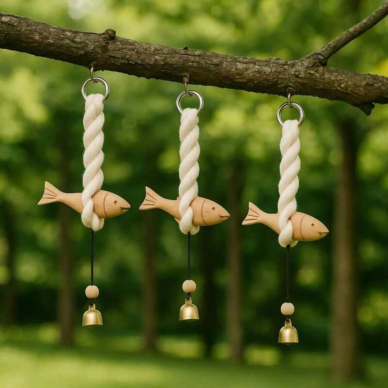 C 1Pc Marine Beach Themed Wood Fish Hand Carved Handcrafted Fish Door Chimes With Bell Rustic Fish