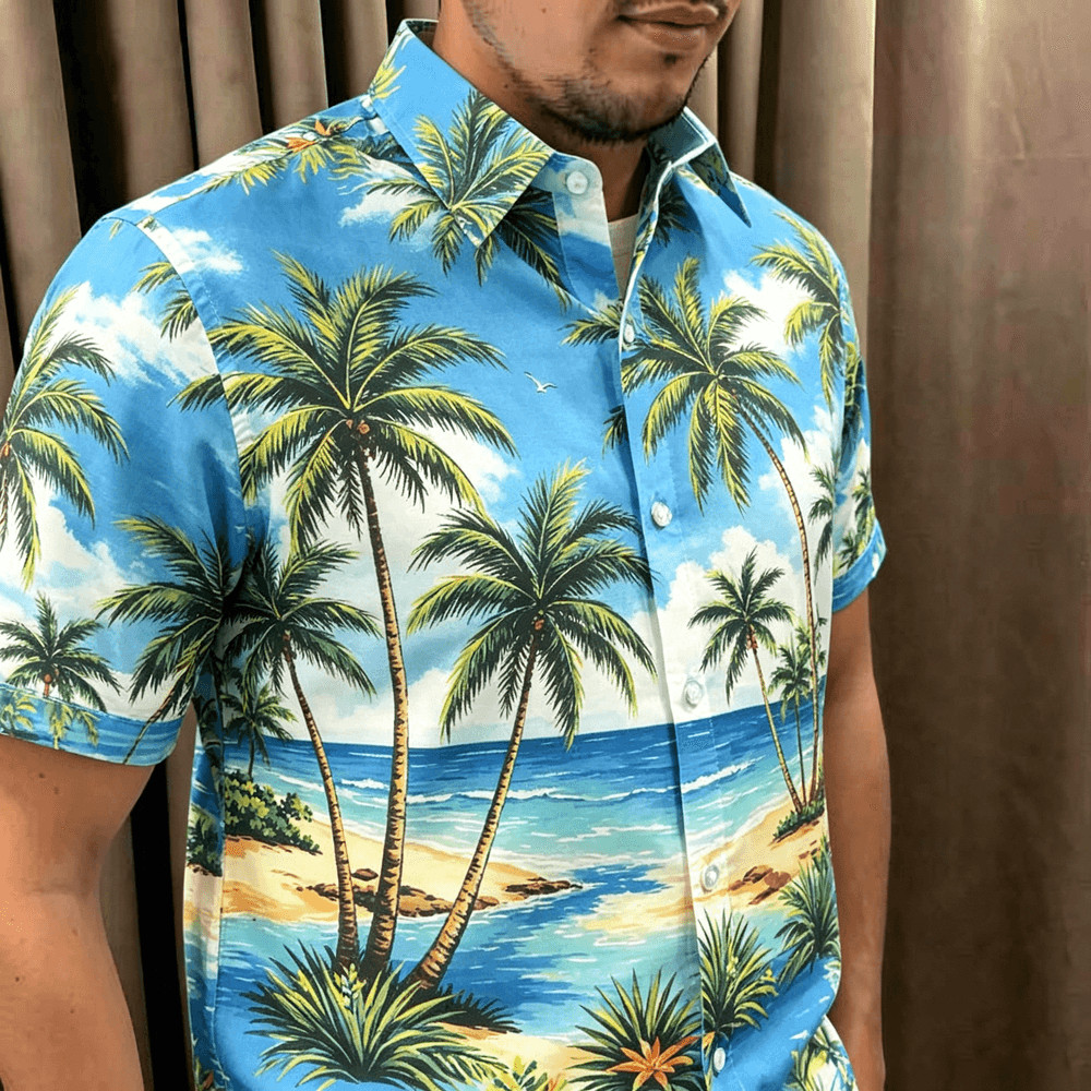 เสื้อเชิ้ตผู้ชายแบบเสื้อฮาวาย พิมพ์ลายแขนสั้น เสื้อลำลองสำหรับชายหาดและวันหยุดฤดูร้อน