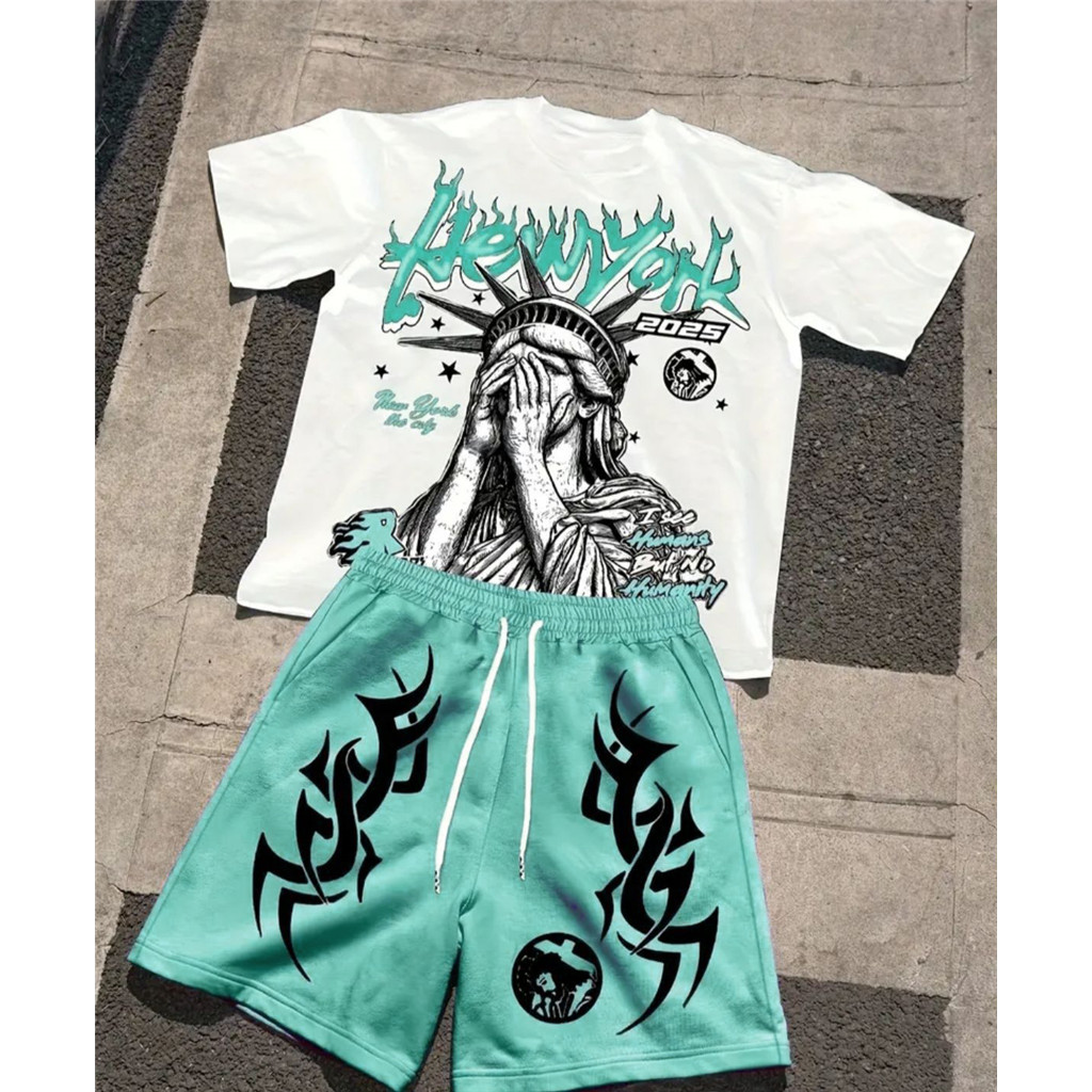 ชุดเสื้อยืดกางเกงขาสั้น กราฟิกเสรีภาพ สำหรับผู้ชาย สไตล์ casual streetwear สวมใส่ได้ทุกวัน