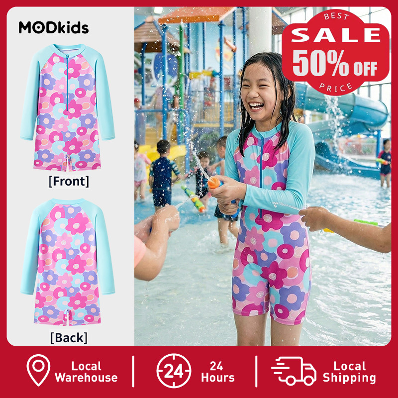 【ส่งฟรี 24ชม】🚀🏊‍♂️SALE 50% ชุดว่ายน้ำเด็กผู้หญิงแขนยาวชุดเดียว ลายดอกไม้ น่ารัก กันแดด UPF50+