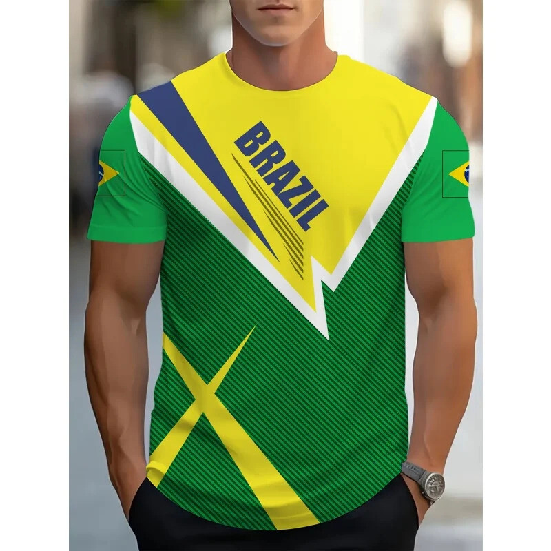3D รูปแบบฟุตบอลเสื้อยืดสําหรับชายบราซิลเสื้อกีฬา 3D พิมพ์ Tees ลําลองแขนสั้น O-คอ Tops Street T เสื้