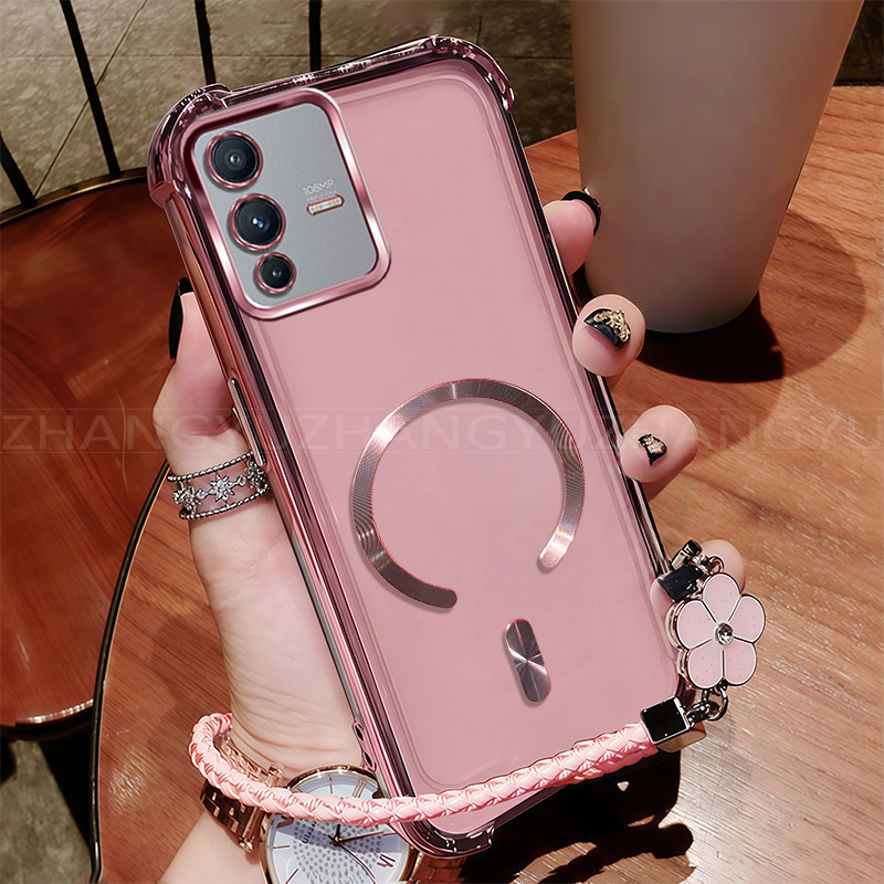 เหมาะสําหรับเคสโทรศัพท์ Vivo V23 PRO ใหม่แม่เหล็กชาร์จไร้สาย C-ring สี่มุมกันกระแทกเคสโทรศัพท์เชือกเ