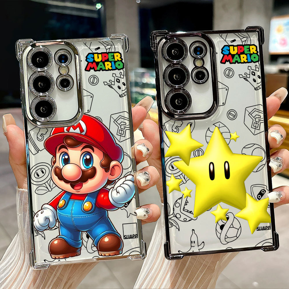SAMSUNG การ์ตูนน่ารักSuper Marioซิลิโคนนุ่มสําหรับSamsung S26 Ultra A57 A37 S25 FE S24 Plus S23 S22 S21 S20 ใสTPUเงินชุบเชลล์