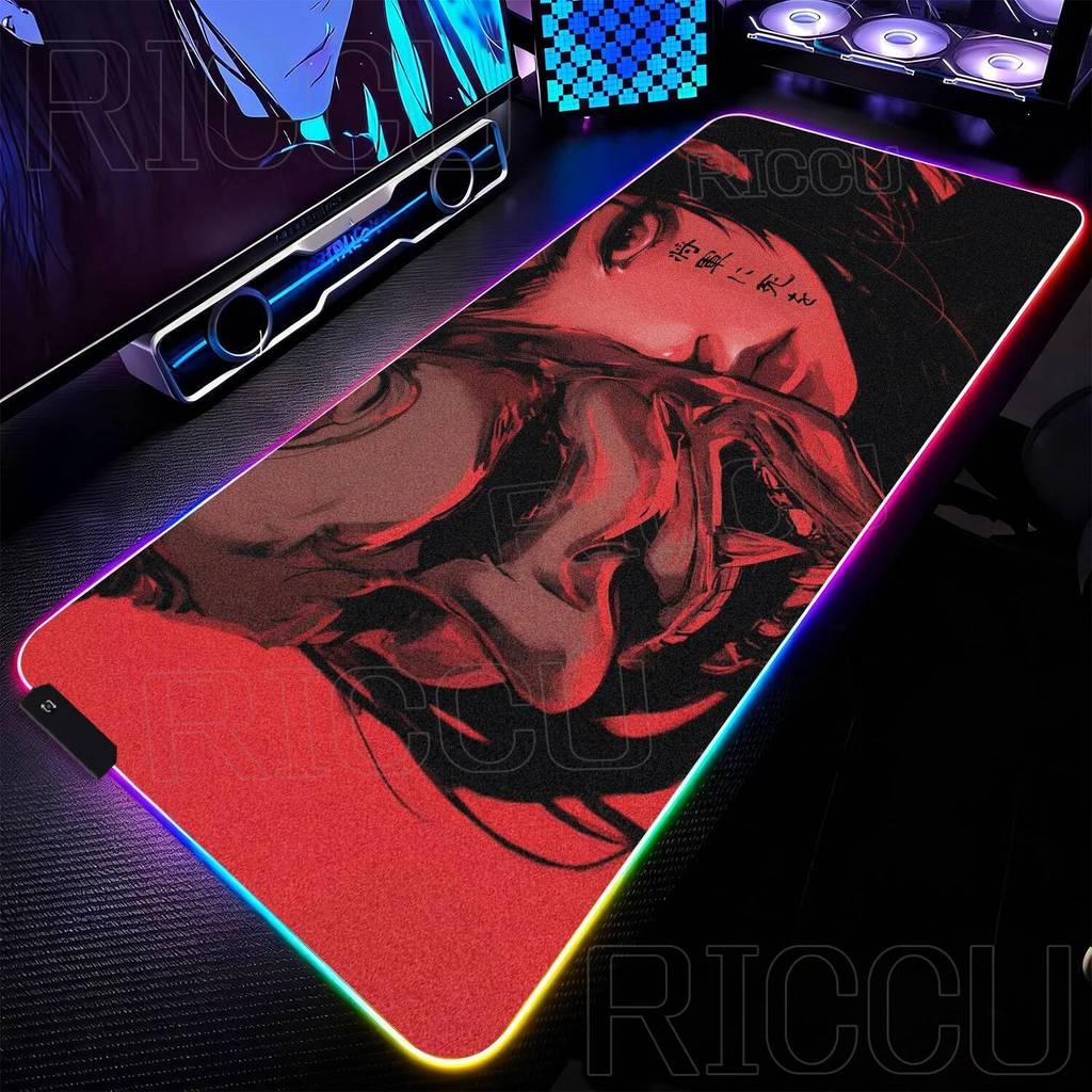 RGB XXL HD พิมพ์ Gamer เมาส์ Pad Oni Devil หน้ากากยางแผ่นรองเม้าส์พรมอะนิเมะหญิงขนาดใหญ่คีย์บอร์ดเกม PC อุปกรณ์เสริม LED โต๊ะ Mat