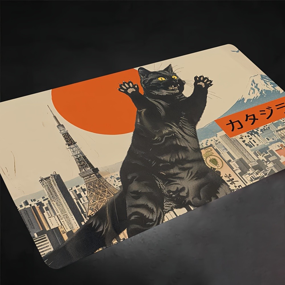 Retro Japanese Style Playmat Featuring a Enormous Black Cat Monster, เหมาะสําหรับเกมการ์ดเทรดดิ้งและเกมบนโต๊ะ