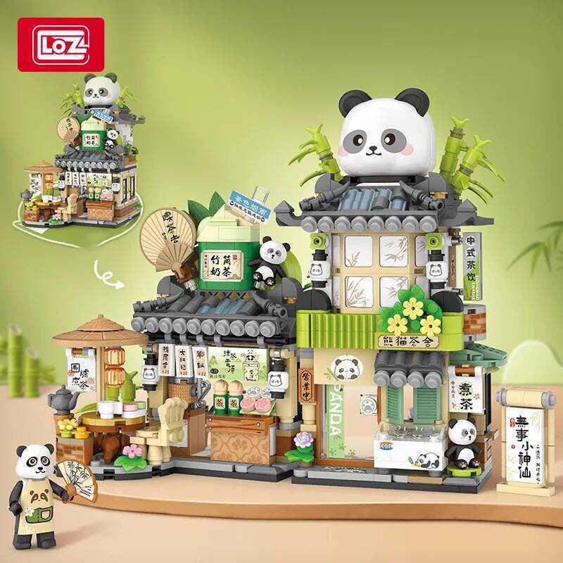 C LOZ Mini Street View Bear Coffee Panda House Wooden House Building Model Assembled Children's Bui